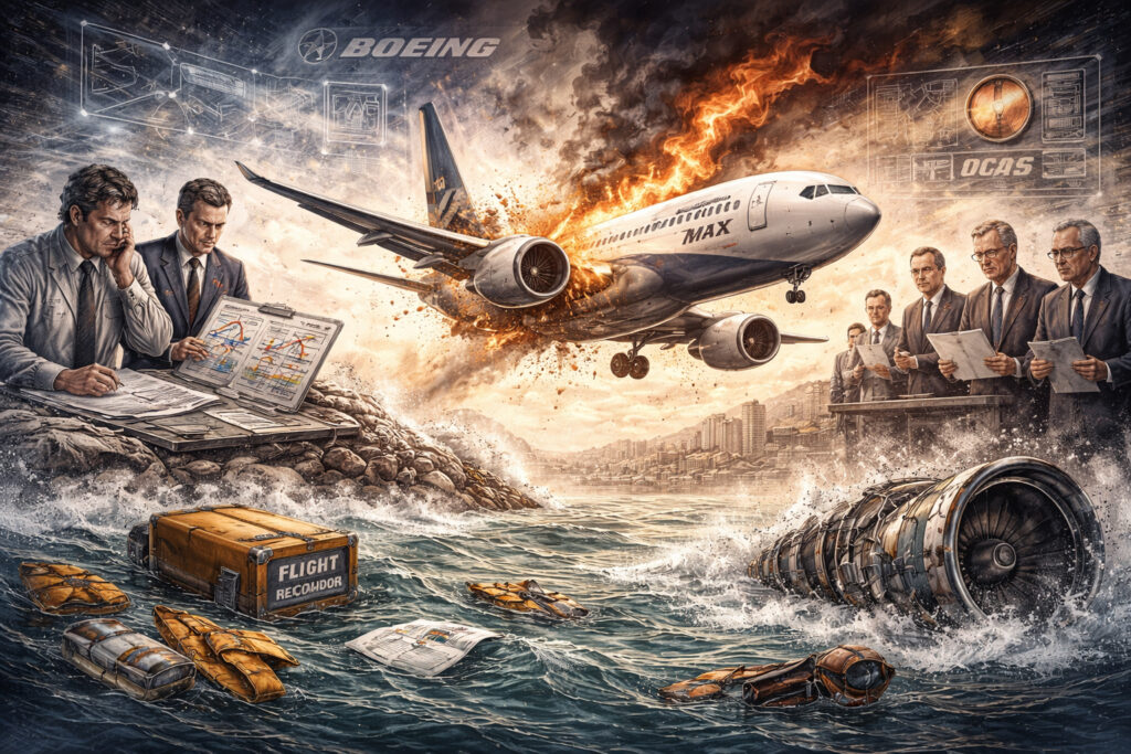 Dramatic illustration of a passenger airplane in distress mid-flight, with fire and smoke near one engine. Below, ocean waves carry debris including a detached engine and a flight recorder. On one side, engineers study technical charts, while on the other, suited officials review documents. Faint system diagrams and warning elements overlay the scene, suggesting a complex failure across interconnected systems.