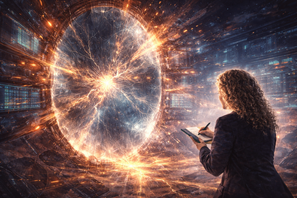 Futuristic illustration of a large glowing mirror-like portal radiating energy and cracks of light, symbolizing systemic fragility in complex systems. Screens and data panels surround the environment. In the foreground, Cristina Imre is seen from behind with medium-length curly blonde hair, wearing a dark jacket and writing notes in a notebook while analyzing the phenomenon reflected in the mirror.